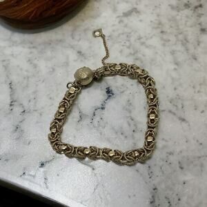 Vintage 80s Gold Byzantine Chain Bracelet with Textured Orb Closure  7.75 inches